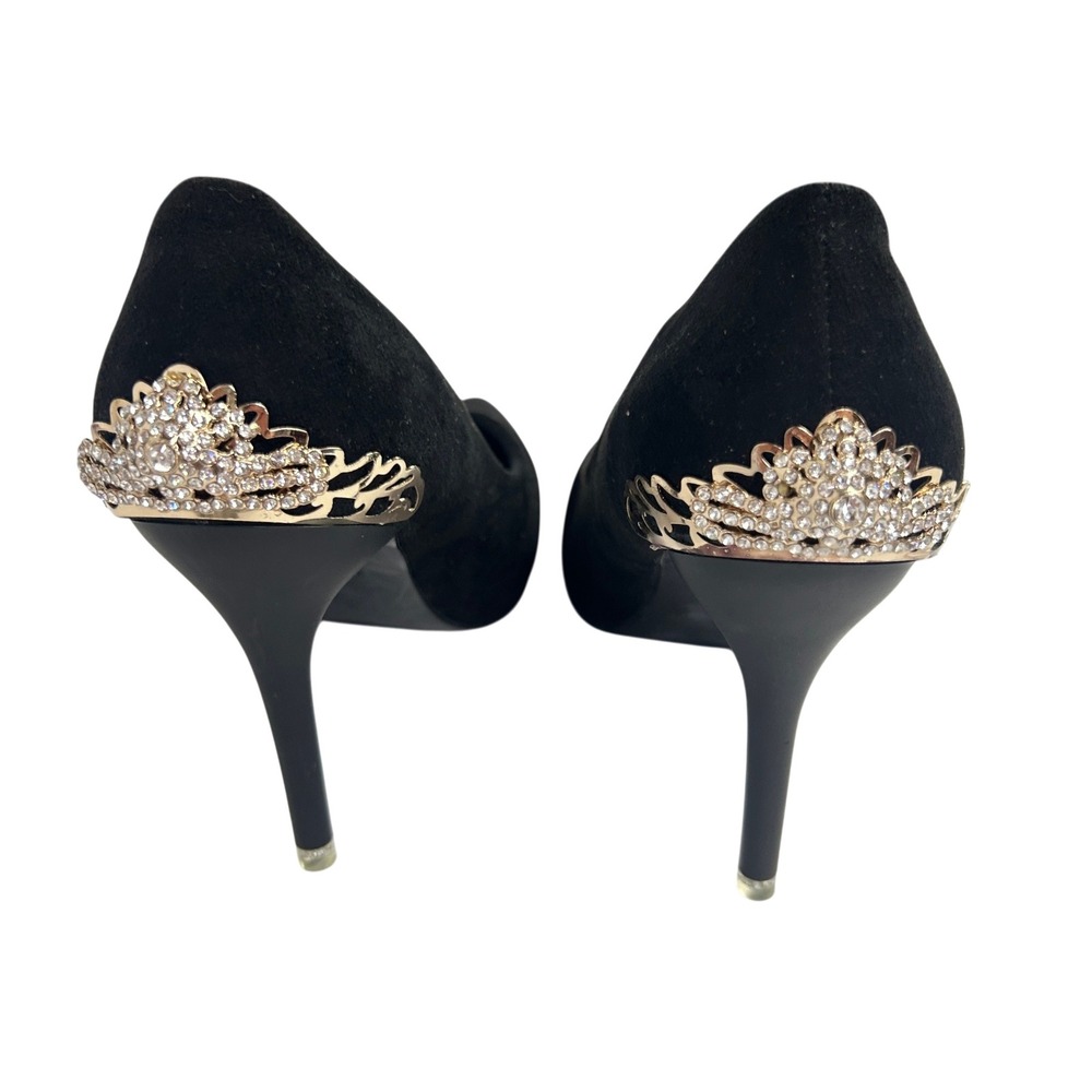 Glam‎ Stiletto Pumps Rhinestone Crown Heel 7.5 Black Formal Prom Evening Heels